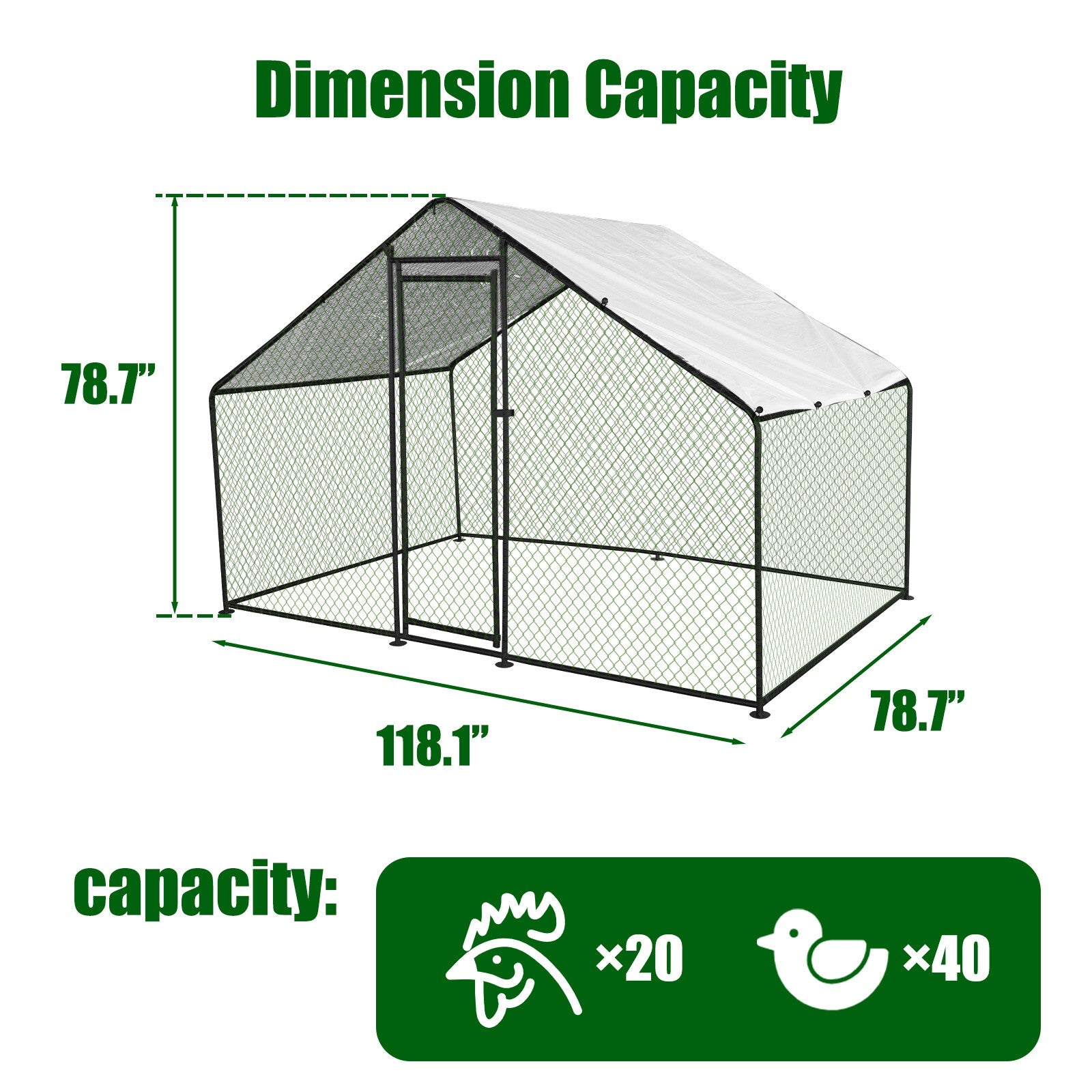 Large Walk-in Metal Chicken Coop Poultry Cage Hen House w/Cover 6.6x9.8x6.6ft