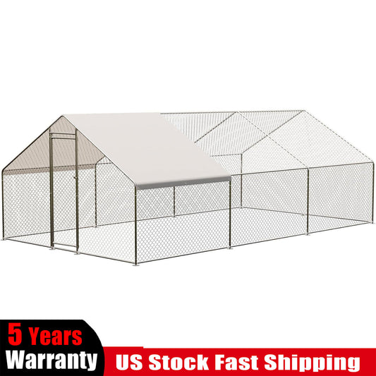 20 x10 ft Metal Chicken Coop Walk-in Poultry Cage Pet House w/ Chicken Run Cover
