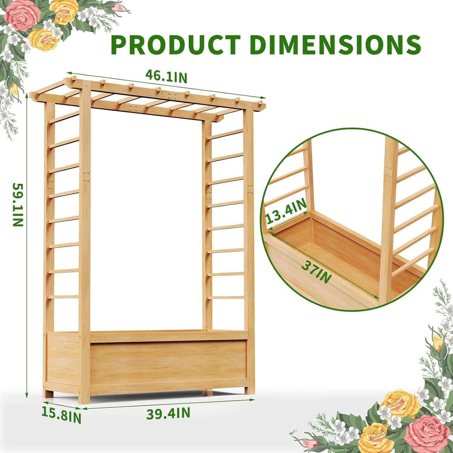 SLSY Raised Garden Bed with Trellis Wood Planter Box w/Hanging Roof Side Trellis