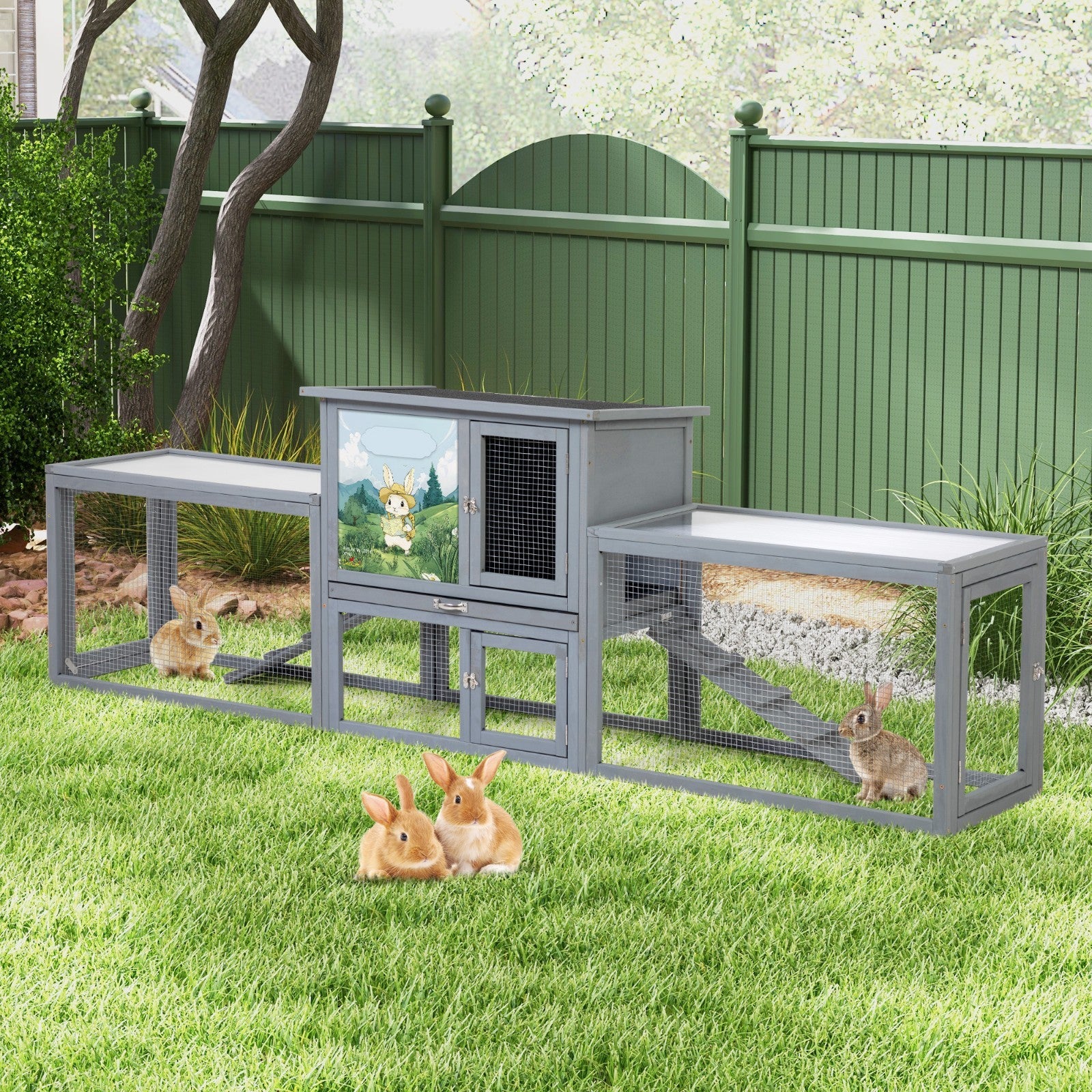 COZIWOW 94'' Large Wooden Rabbit Hutch with Pull Guinea Pig House Chincken Coop