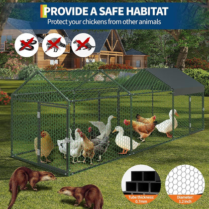 Metal Chicken Coop Walk In Chicken Run Outdoor Hen House Habitat Cage W/ Cover