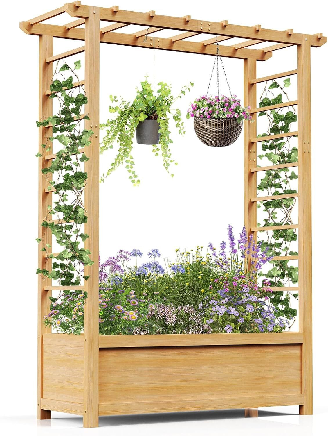 SLSY Raised Garden Bed with Trellis Wood Planter Box w/Hanging Roof Side Trellis