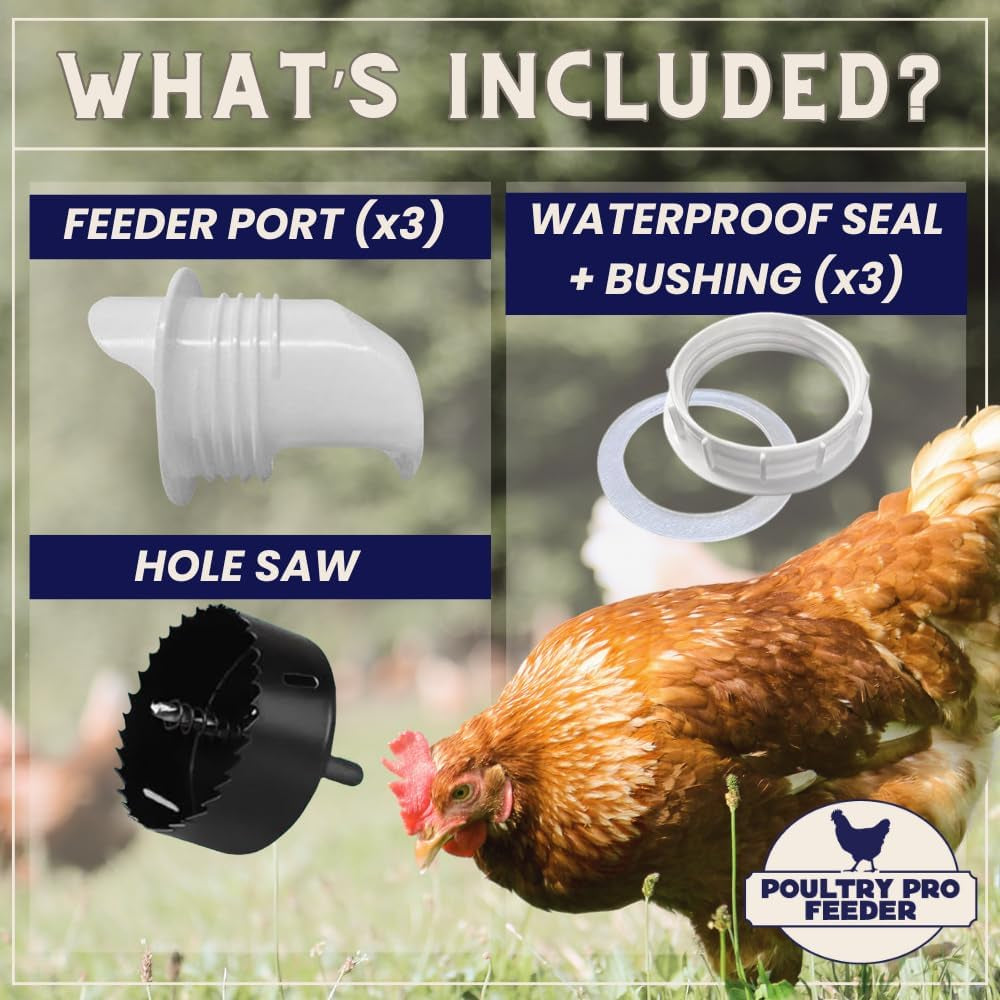 The Original Poultry Pro DIY Chicken Feeder | 3 Ports Poultry Feeders for Chicken Coop | Use for Buckets & Bins | Rain Proof, Weather Resistant - Original Feeder 3-Pack with Hole Saw
