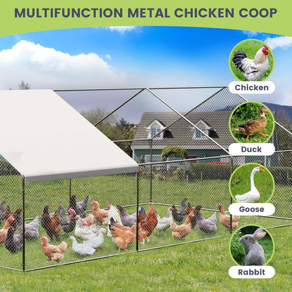 Metal Chicken Coop 6.5/13/20 FT Large Walk-in Hen Cage House with Cover Roof NEW