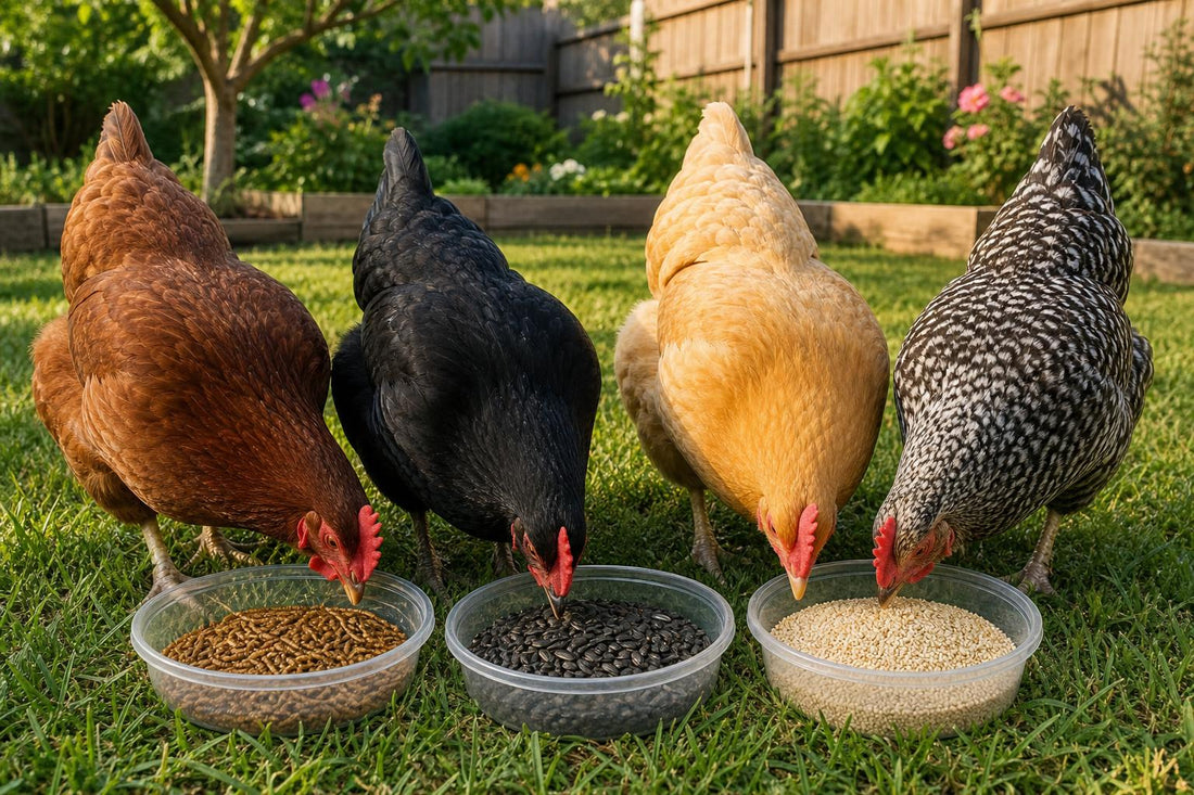 Backyard hens choosing between three clear dishes of mealworms, sunflower seeds and millet