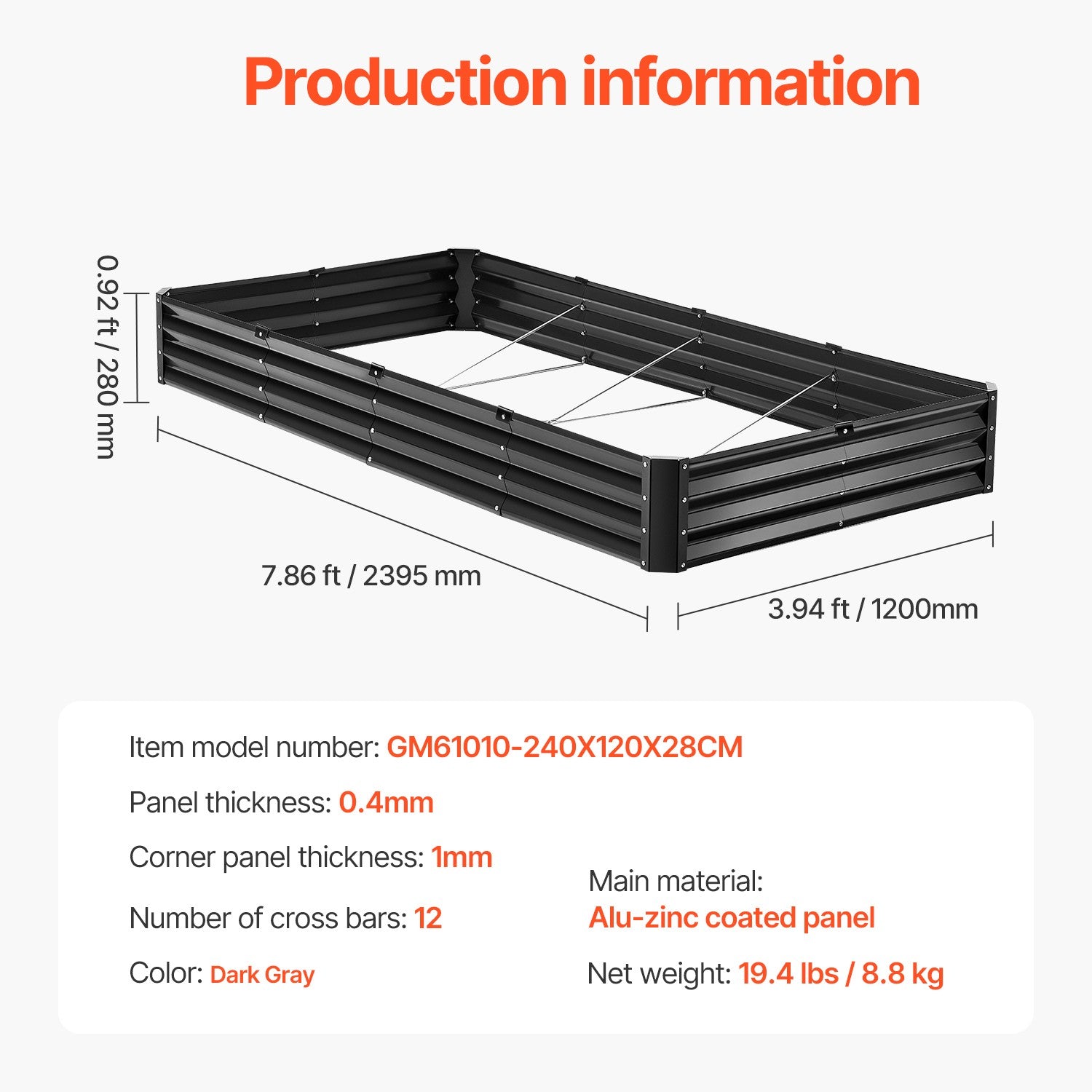 Metal Raised Garden Bed 8x4x1 ft Outdoor Galvanized Planter Box Dark Gray