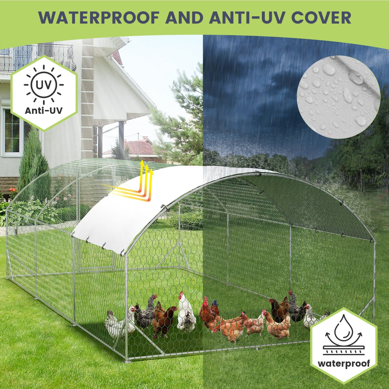 20 x10 ft Walk-in Metal Chicken Coop Poultry Cage Pet House w/ Chicken Run Cover
