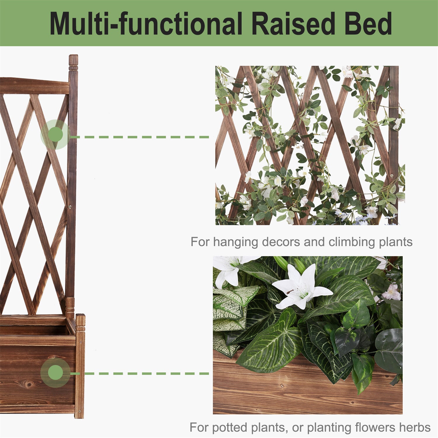 Rustic Wooden Raised Garden Bed Vegetable Planter Grid Box with Climbing Trellis