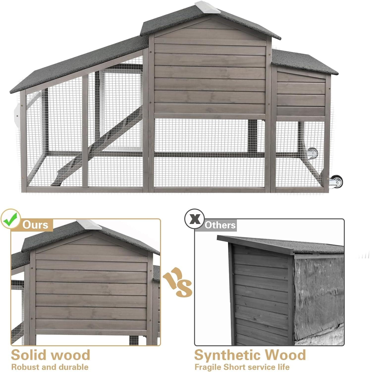 PetsCosset Chicken Coop Wooden Backyard Hen House with Run Nesting Box & Trays