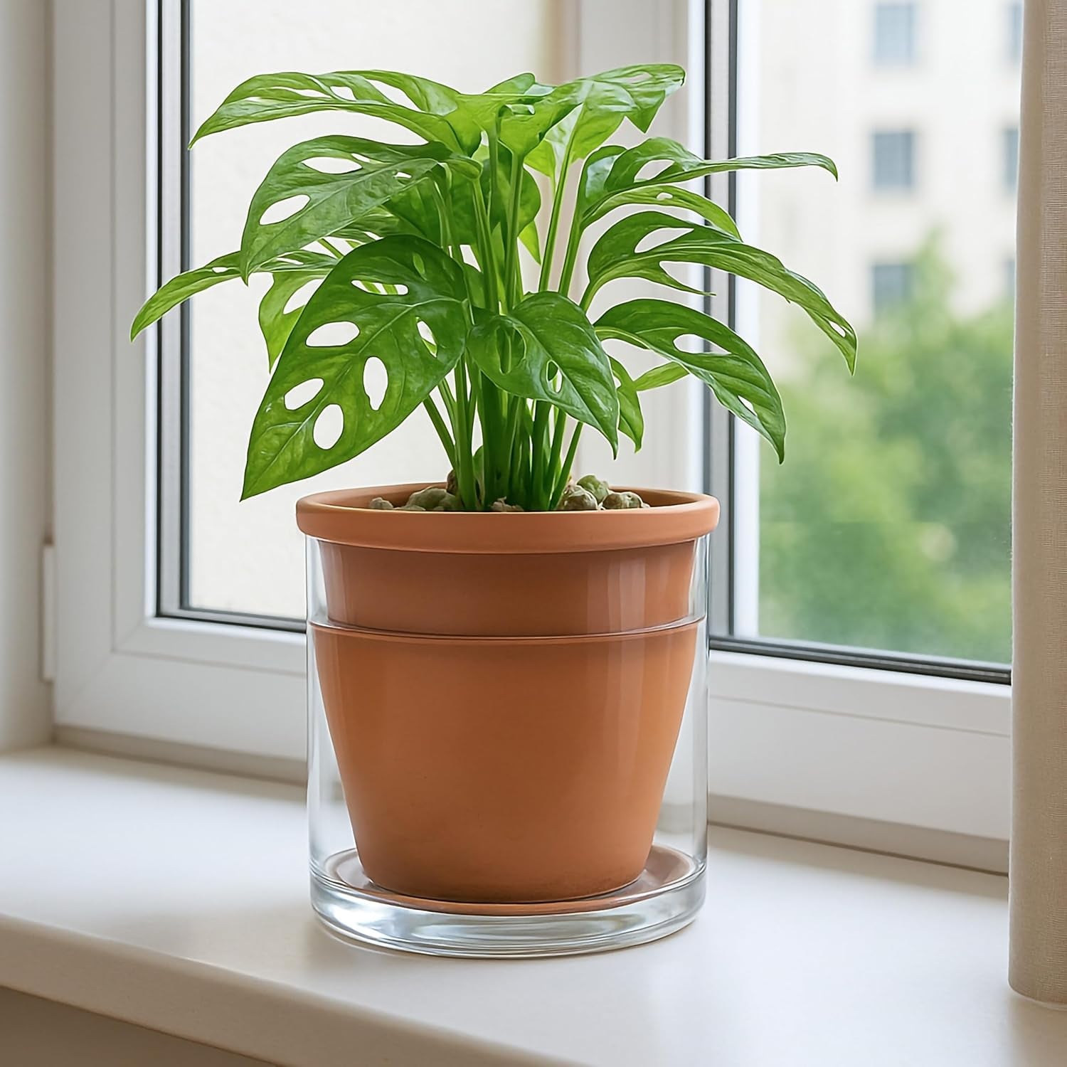 6 Inch Design Self Watering Pot for Indoor Plants, Terracotta Planter with Cylinder Glass Cup, Set of 2, 37-Y-B-1