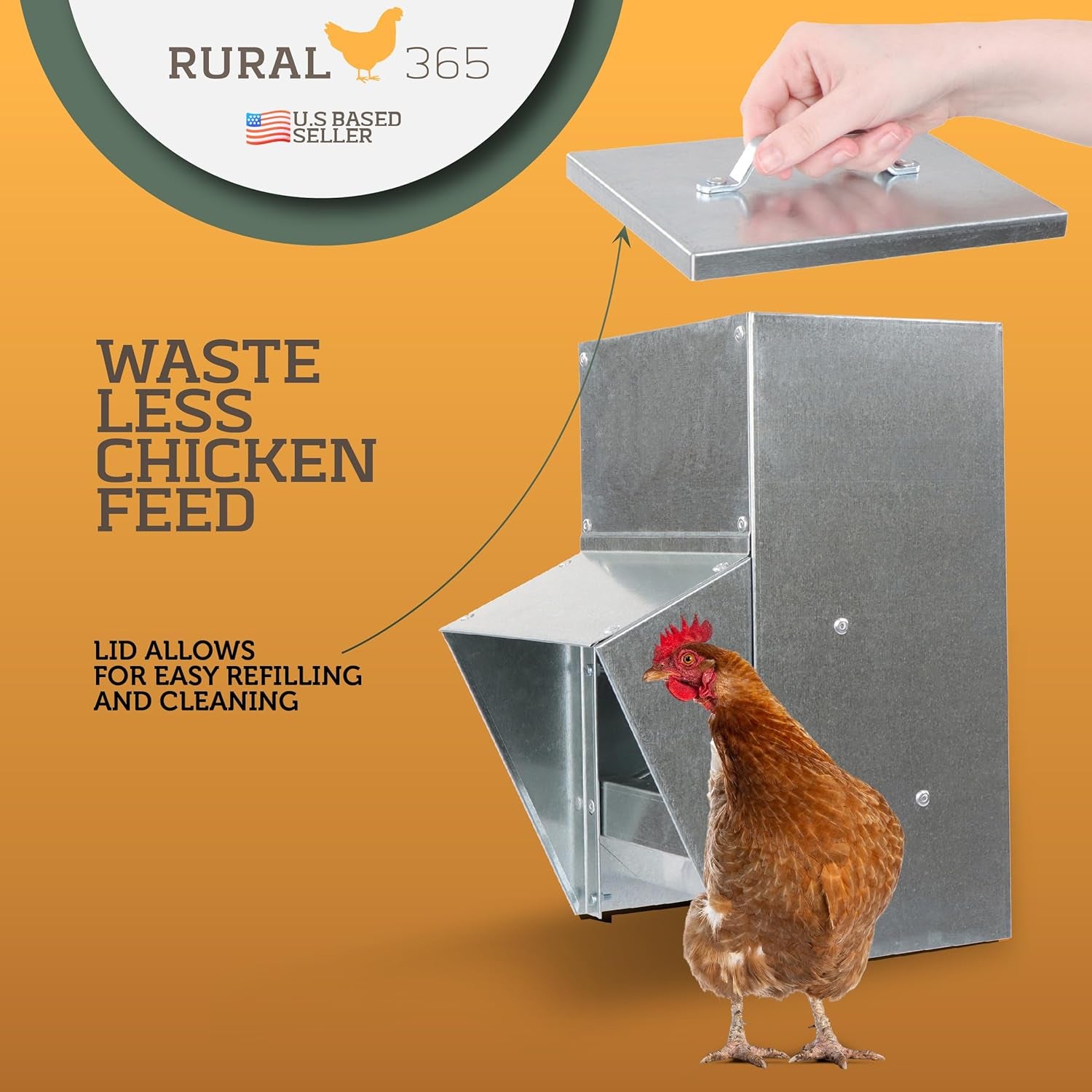 11.5lb Capacity Galvanized Chicken Feeder - Rat Proof Poultry Feeder with Lid Weatherproof Outdoor Coop Food Dispenser