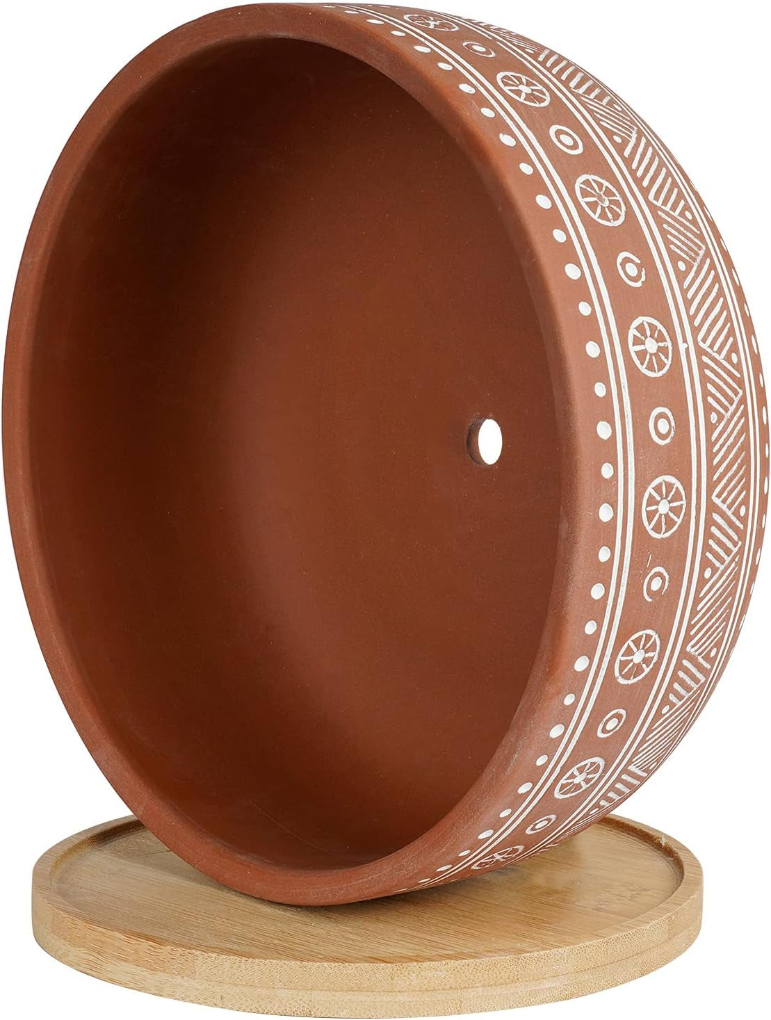 8 Inch Terracotta Succulent Planter Pot with Drainage Hole and Bamboo Tray, Round Shallow Bonsai Pot for Indoor Plants