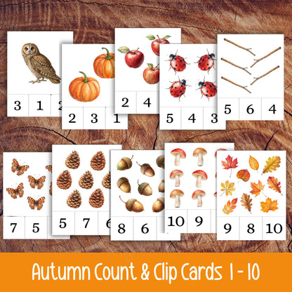 Autumn Count and Clip Cards, Fall Nature Counting Activity for Toddlers & Preschool, Montessori Printable