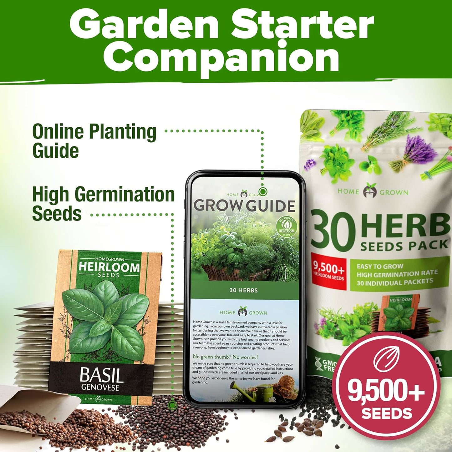 30 Herb Seeds Pack | 9,500 𝗡𝗢𝗡-𝗚𝗠𝗢 𝗨𝗦𝗔 Heirloom Seeds | Indoor & Outdoor Planting | Culinary Herb Variety Pack | HG30H Perfect for Hydroponic Gardens | Parsley, Rosemary,Thyme,More