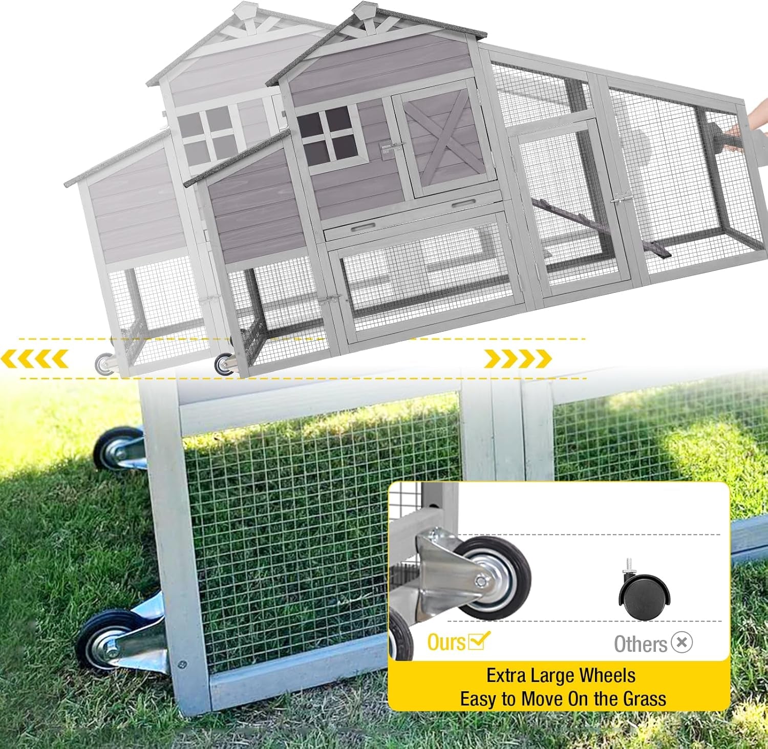 Chicken Coop Mobile Chicken House on Wheels Expandable Wooden Poultry Cage with Large Nesting Box Leakproof Pull-Out Tray Rabbit Hutch Bunny Cage,UV-Resistant Roof，Grey