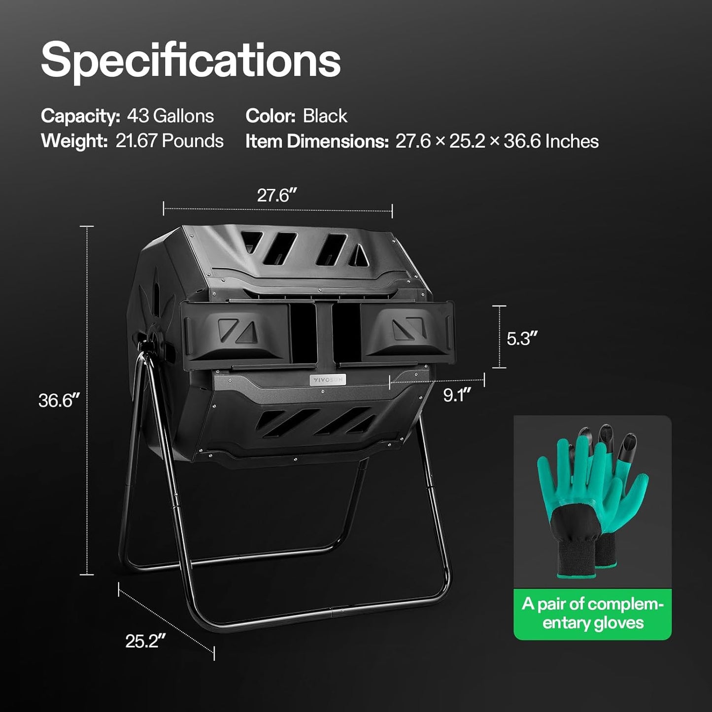 Outdoor Tumbling Composter Dual Rotating Batch Compost Bin, 43 Gallon Black Door