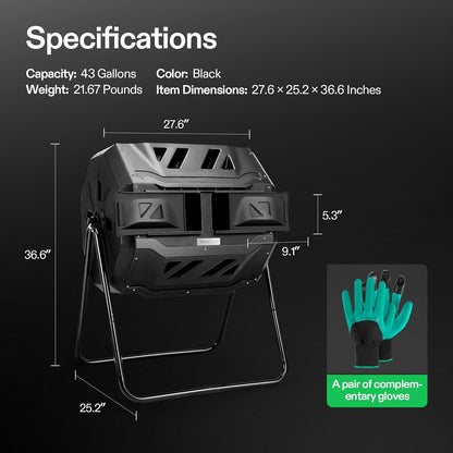 Outdoor Tumbling Composter Dual Rotating Batch Compost Bin, 43 Gallon Black Door