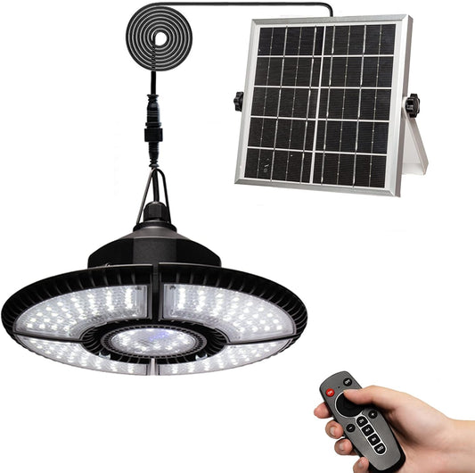 Solar Shed Light-Daytime or Night,4+1 Leaves 136Leds Brighter Solar Light Indoor&Outdoor with Remote,IP65 Barn/Chicken Coop/Workshop/Ceiling/Pendant Lamp for Patio,Garden,Yard,Gazebo