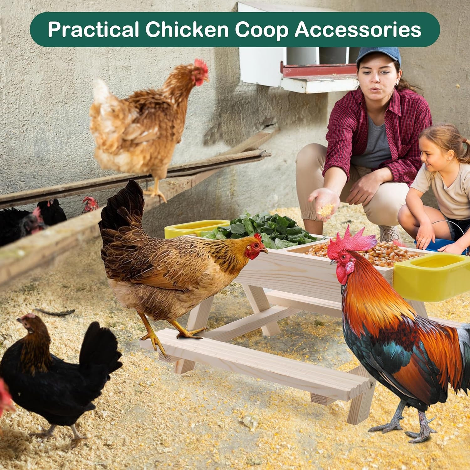Chicken Feeders and Waterers, Chicken Feeder No Waste Kit with Picnic Table and 2 Water Feeder, Handmade Wooden Chicken Supplies & Accessories for Chicken Coop