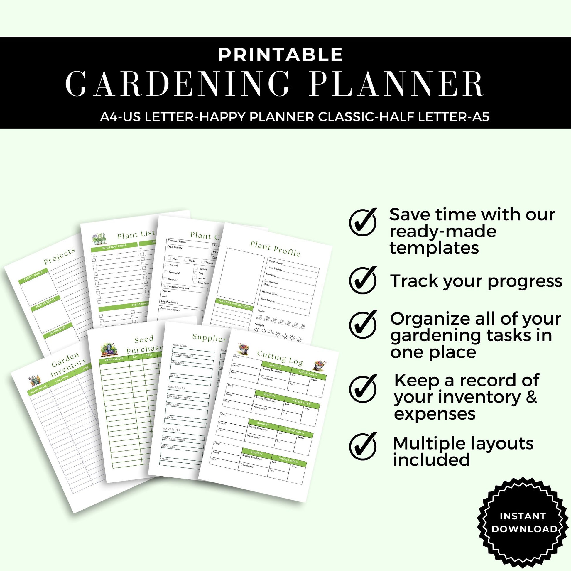 Printable Garden Planner |Garden Organizer | Square Foot Garden Planner | Plants Records | Gardening Checklist | Inventory | Plant Planner