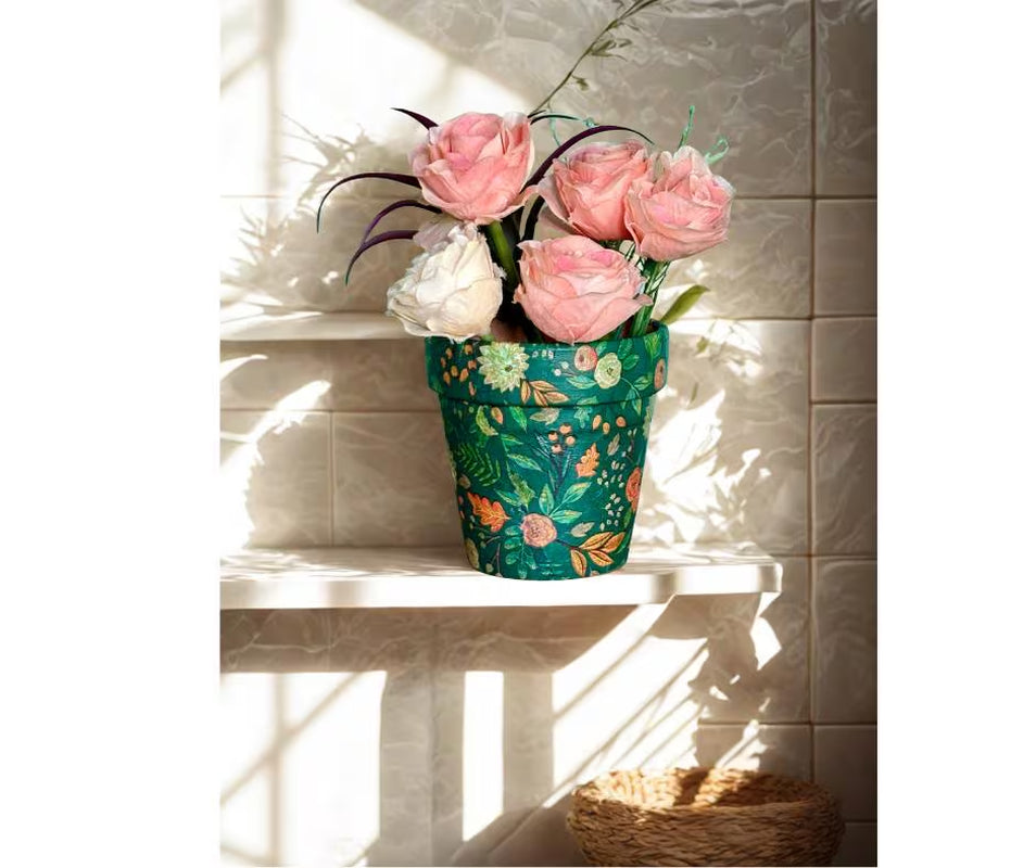 Decoupage Terracotta Planter: Green Flower Pot 4 inch