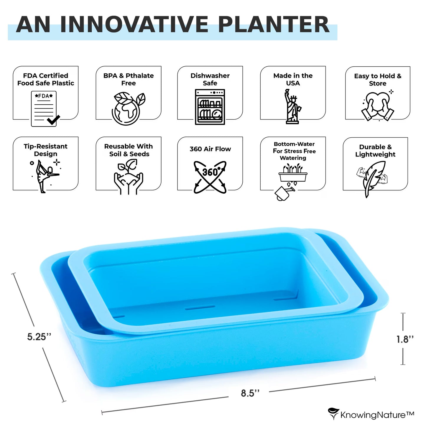 Reusable Windowsill Microgreens Planter + Tray, Food Safe, Dishwasher Safe, For Soil, Coco Coir or Peat, Easy to Bottom Water, Made in USA