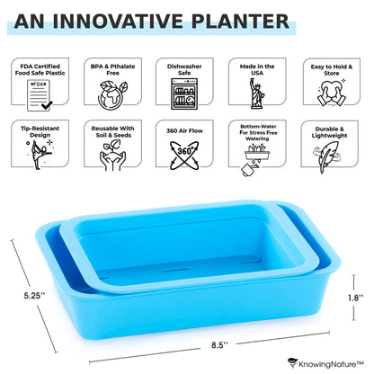 Reusable Windowsill Microgreens Planter + Tray, Food Safe, Dishwasher Safe, For Soil, Coco Coir or Peat, Easy to Bottom Water, Made in USA