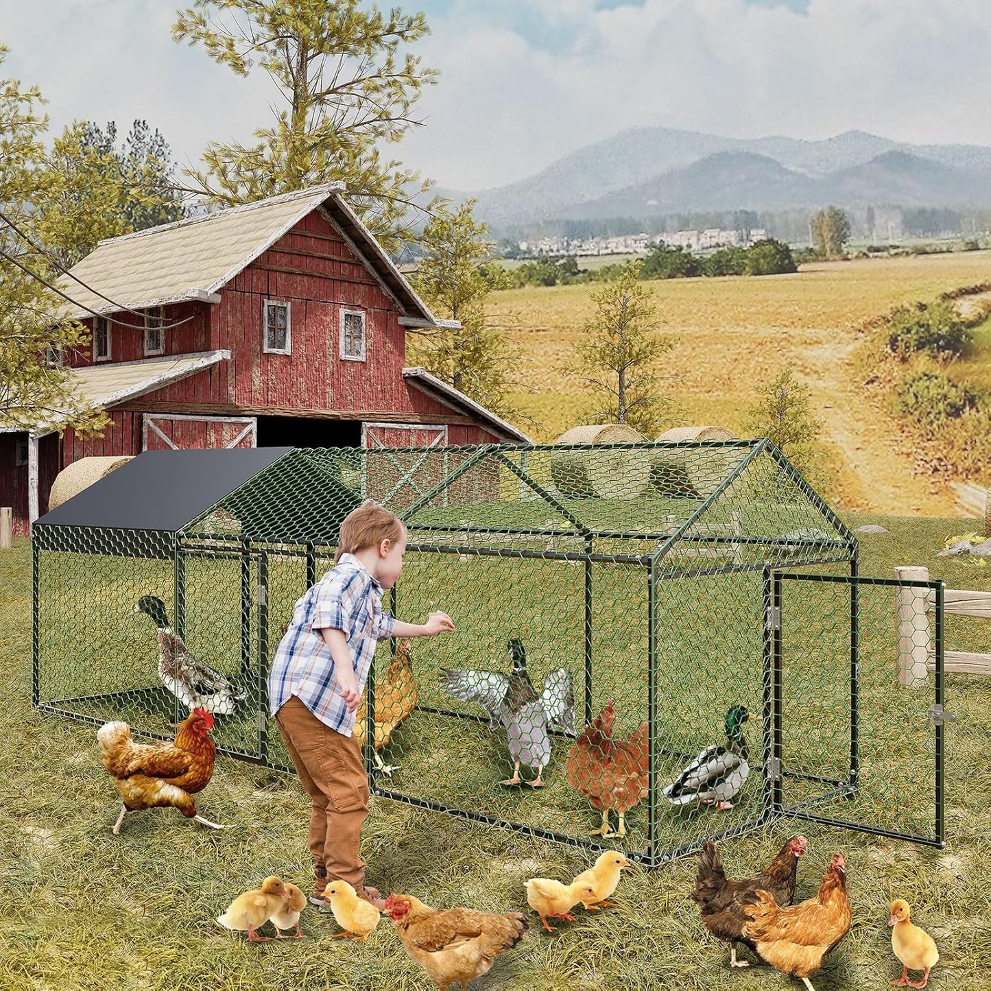 Metal Chicken Coop Walk In Chicken Run Outdoor Hen House Habitat Cage W/ Cover