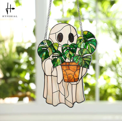 Cute Ghost Plant ACRYLIC Suncatcher, Ghost and Monstera Acrylic Ornament, Halloween Ghost Window Hangings, Plant Lovers Gift, Gift For Mom