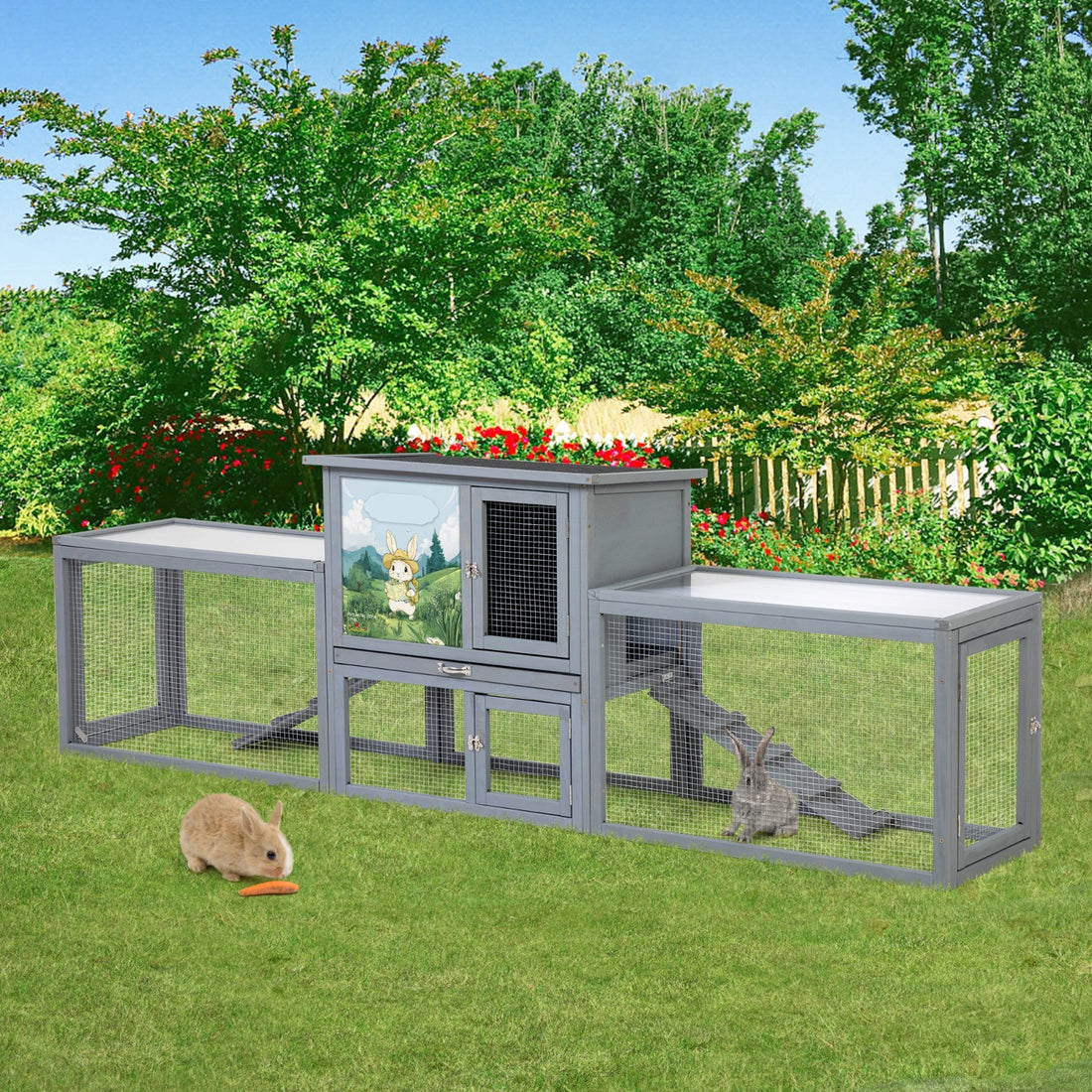 COZIWOW 94'' Large Wooden Rabbit Hutch with Pull Guinea Pig House Chincken Coop