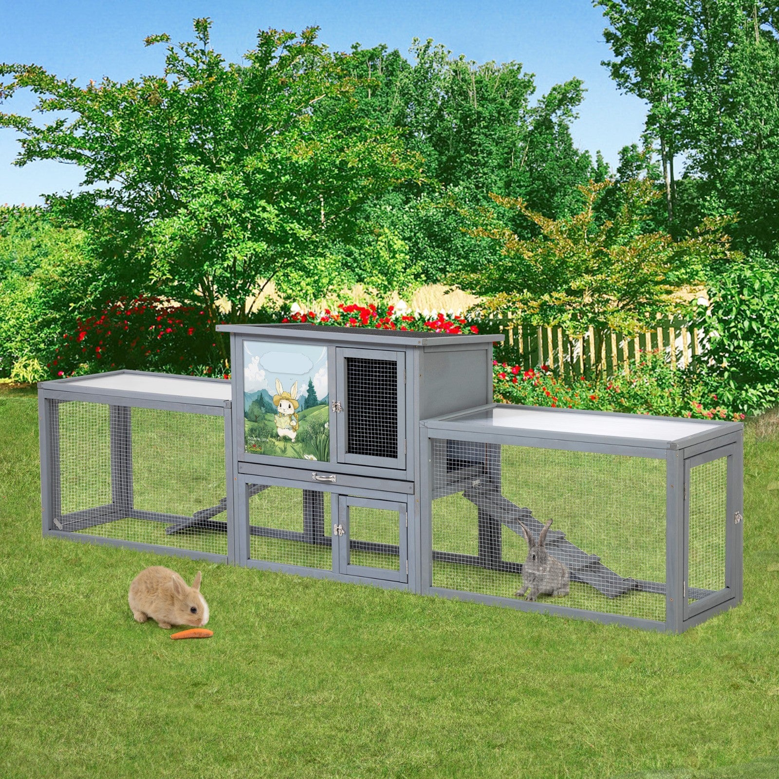 COZIWOW 94'' Large Wooden Rabbit Hutch with Pull Guinea Pig House Chincken Coop