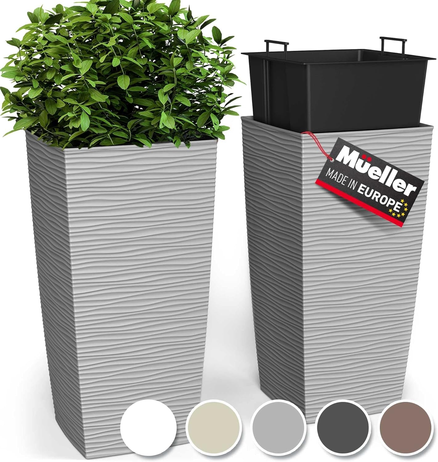M-Resin Heavy Duty Tall Planters for Outdoor Plants, Indoor Grande Plant Pots, Boxes, Trees, Flower Pots, 2-Piece Set, 18”, Modern Design, Built-in Drainage, Front Porch Decor, Light Grey