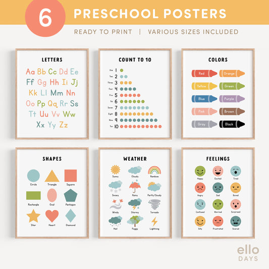 Toddler Preschool Educational Posters, Set of 6 Classroom Prints, Montessori Homeschool Wall Art, Playroom Decor
