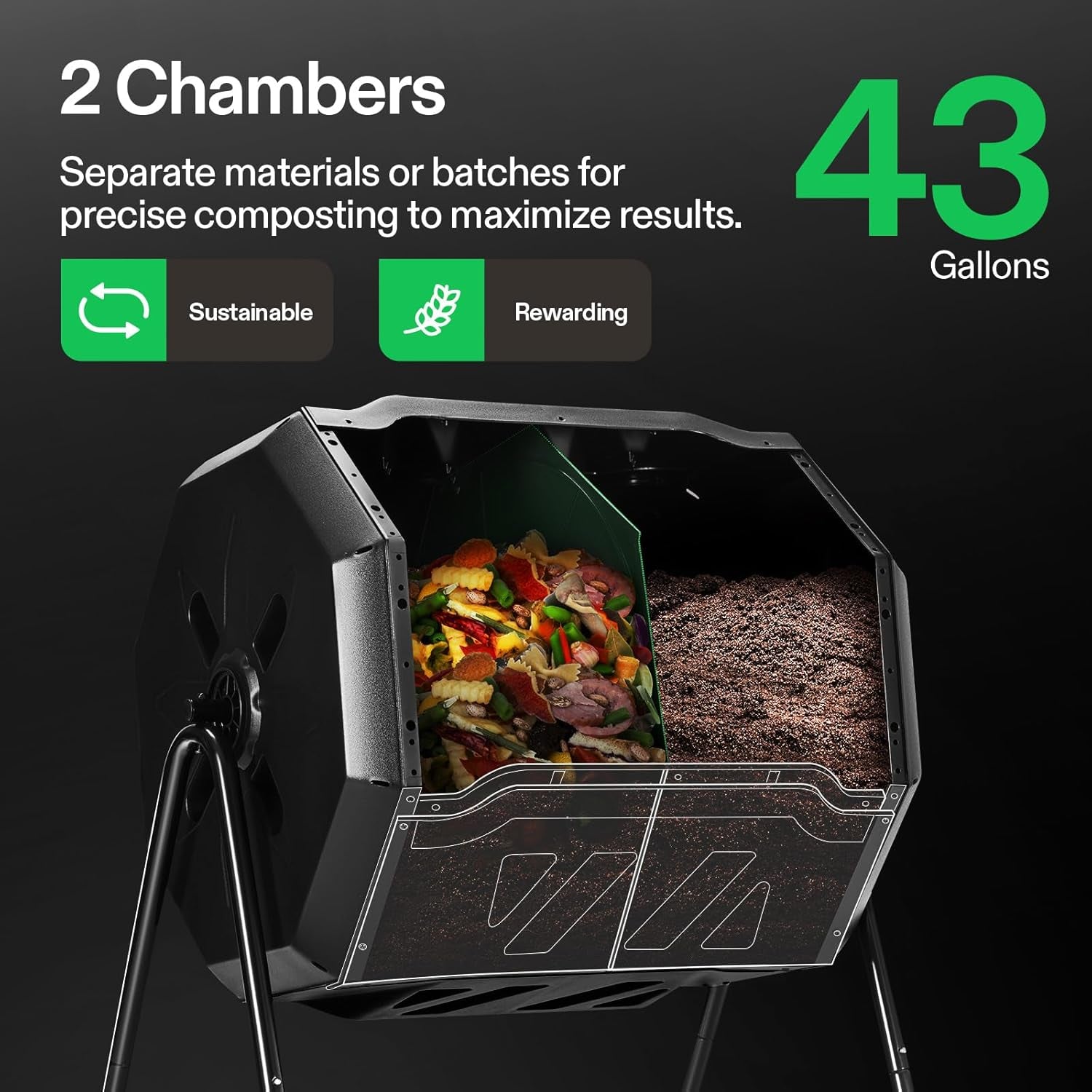 Outdoor Tumbling Composter Dual Rotating Batch Compost Bin, 43 Gallon Black Door