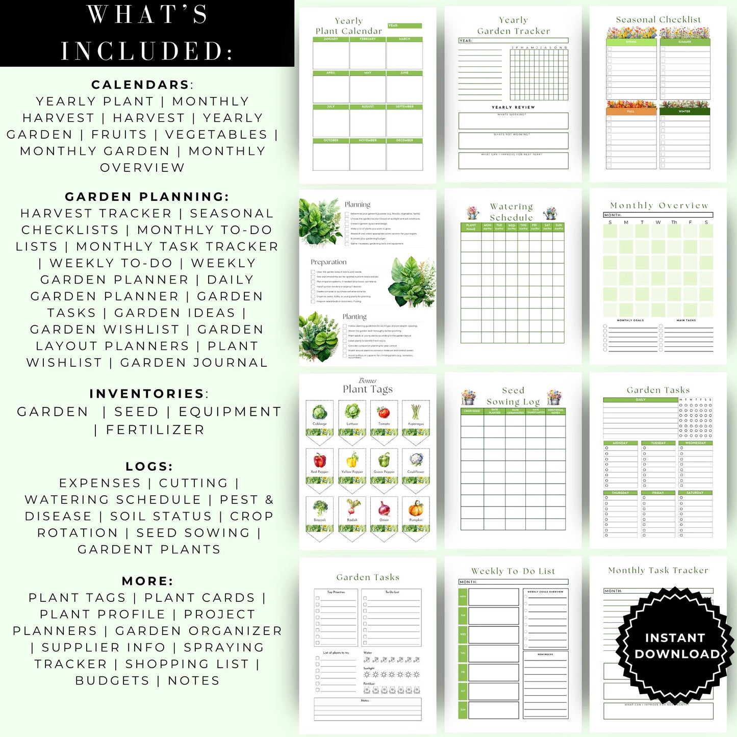 Printable Garden Planner |Garden Organizer | Square Foot Garden Planner | Plants Records | Gardening Checklist | Inventory | Plant Planner