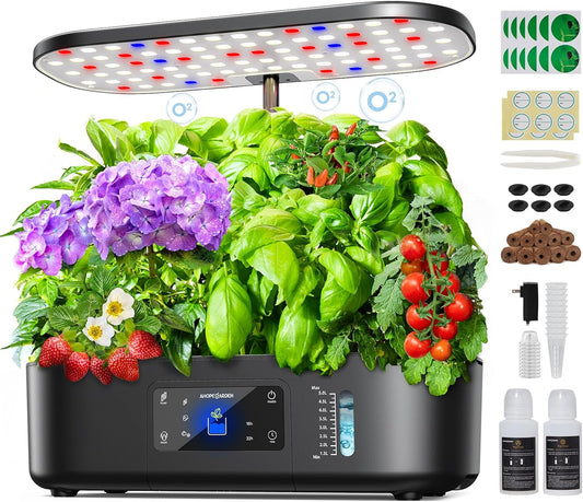 Hydroponics Growing System Kit Indoor Herb Garden with Grow Light 12 Pods, with LCD Touch Panel Hydroponic Planter, Planting Height Up to 17", Grower Harvest Fresh Veggie Lettuce, Black