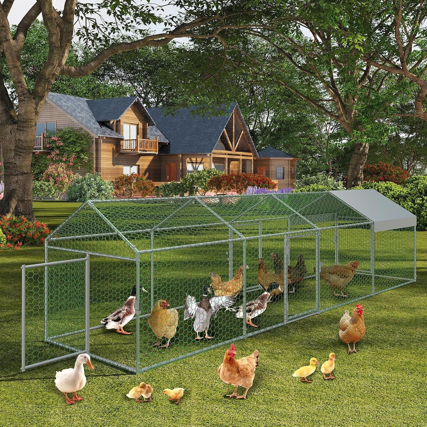 Metal Chicken Coop Walk In Chicken Run Outdoor Hen House Habitat Cage W/ Cover