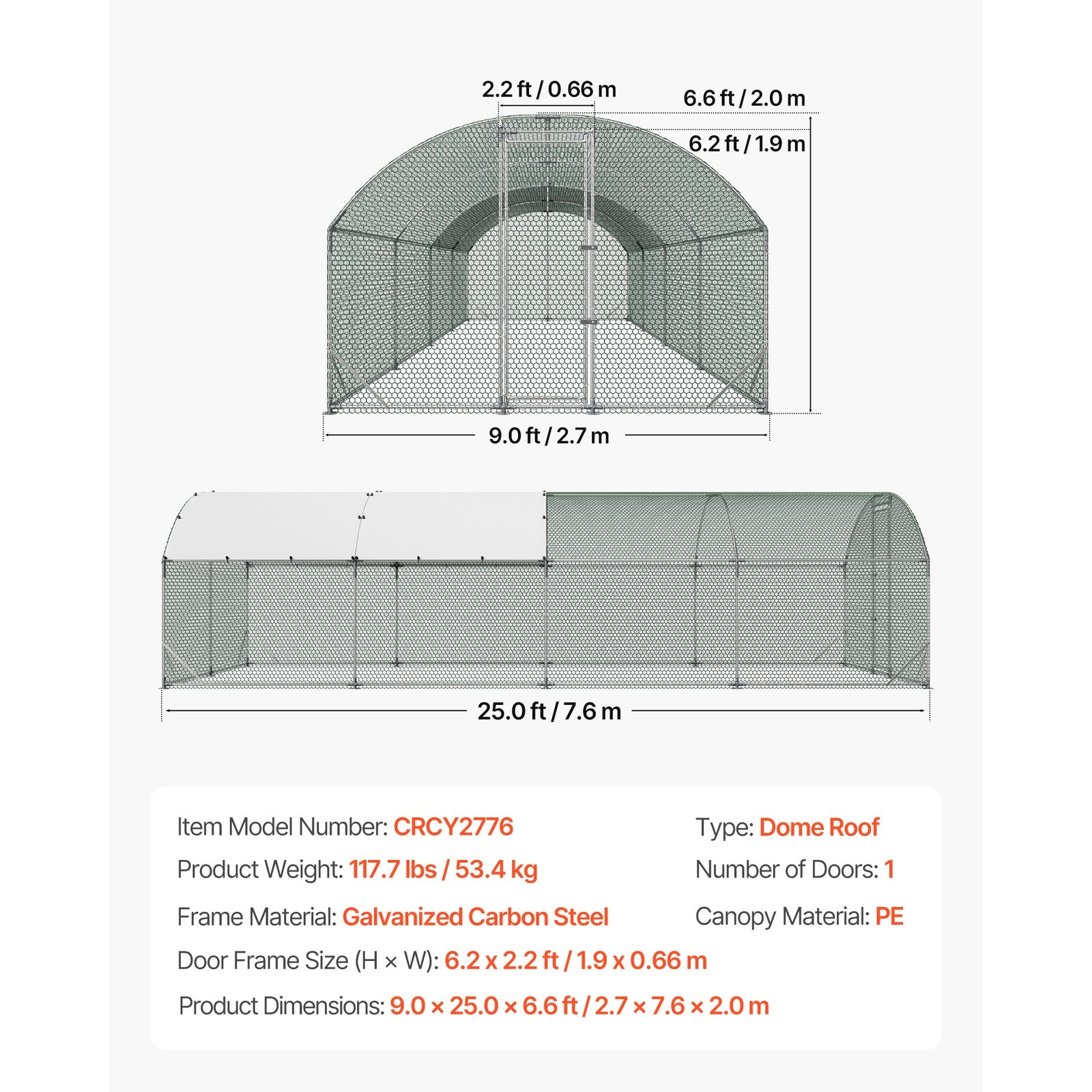 Uimoso Large Metal Walk-in Chicken Coop with Dome Roof, 9x25x6.6 ft Poultry Run