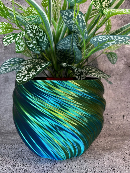 Large Twisted Flowerpot for Plants of all kinds (Dual Gold and Blue color) - 8" Diameter by 6" Tall Colorful Planter Modern Planter