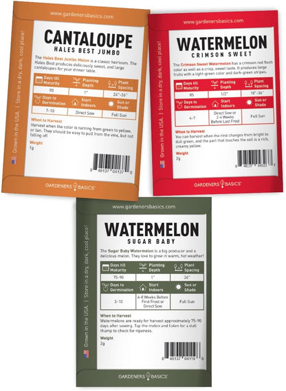 , Melon Fruit Seeds for Planting Home Garden 5 Variety Packs - Hales Best Cantaloupe, Crimson Sweet Watermelon, Yellow Canary Melon, Green Flesh Honeydew Melon, Sugar Baby Watermelon