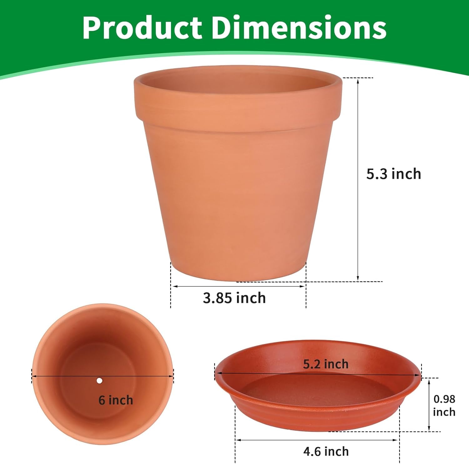 6 Pack 6 Inch Terracotta & Clay Pots with Saucer for Plants, Large Terra Cotta Plant Pot with Drainage Hole, Flowerpot for Indoor Outdoor Plants, Crafts, Wedding Favor