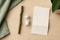 Avocado tree cutting rooting kit flat-lay: a bare leafless avocado cutting, a small vial of rooting powder and an instruction sheet on a wooden table