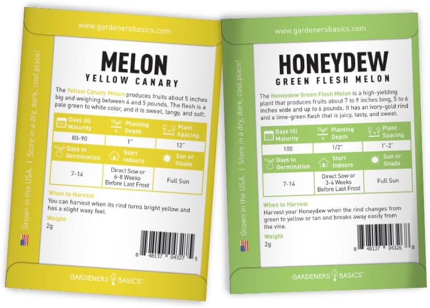 , Melon Fruit Seeds for Planting Home Garden 5 Variety Packs - Hales Best Cantaloupe, Crimson Sweet Watermelon, Yellow Canary Melon, Green Flesh Honeydew Melon, Sugar Baby Watermelon