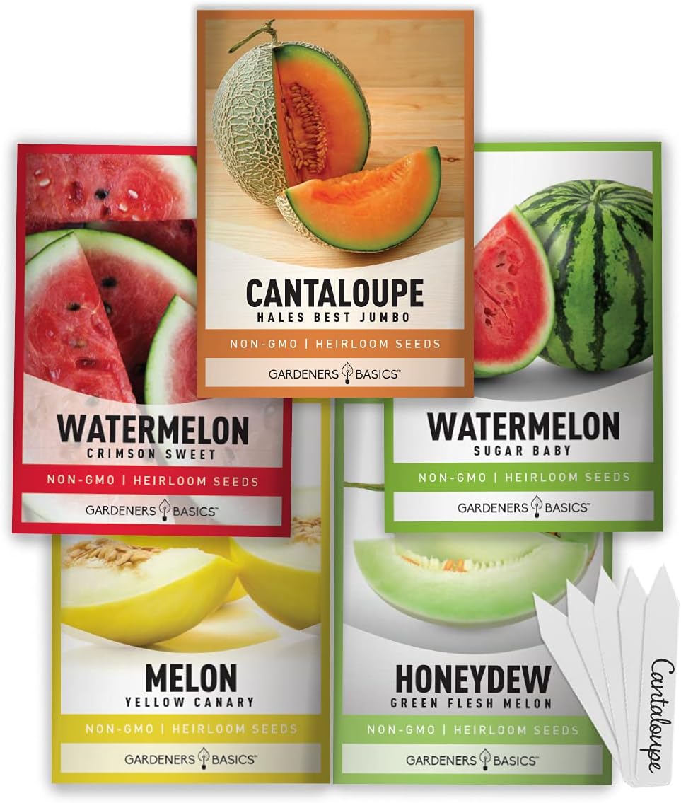 , Melon Fruit Seeds for Planting Home Garden 5 Variety Packs - Hales Best Cantaloupe, Crimson Sweet Watermelon, Yellow Canary Melon, Green Flesh Honeydew Melon, Sugar Baby Watermelon