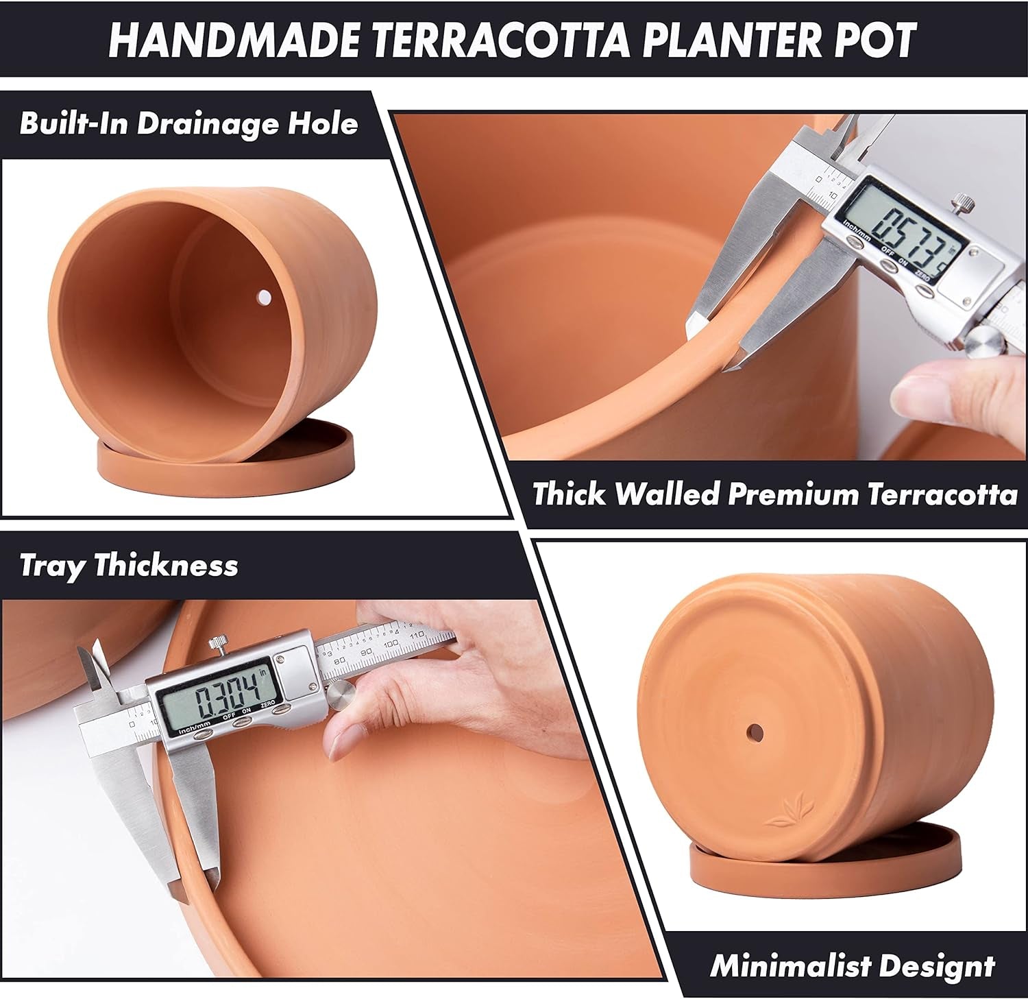 X-Large 12 Inch Terracotta Plant Pot with Drainage Hole and Saucer, Round Cylinder Planter Pot for Indoor Plants, 40-X-A-6