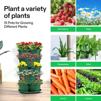 5 Tier Vertical Gardening Stackable Planter for Strawberries, Flowers, Herbs, Vegetables, Dark Green