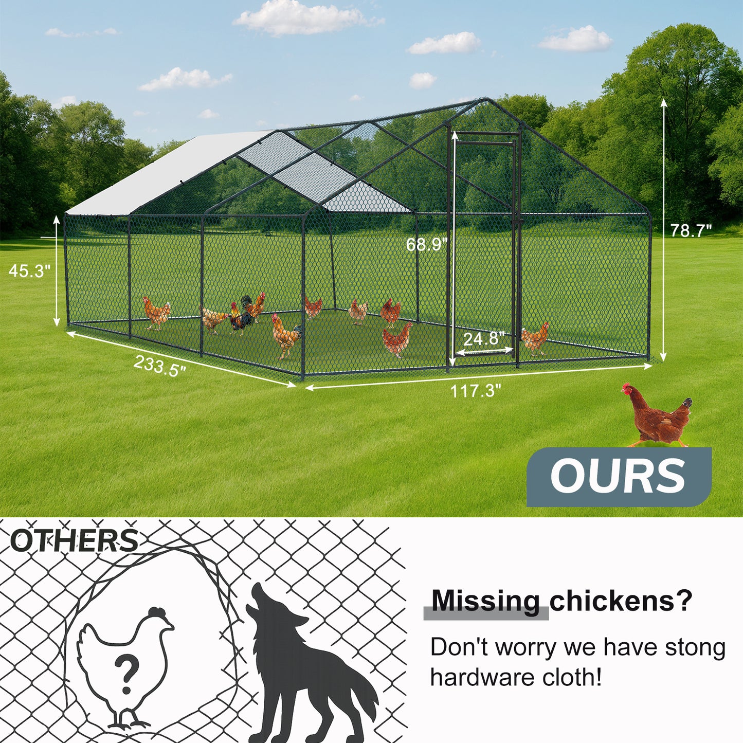 Metal Chicken Coop 6.5/10/13/20 FT Large Walk-in Hen Cage House with Cover Roof