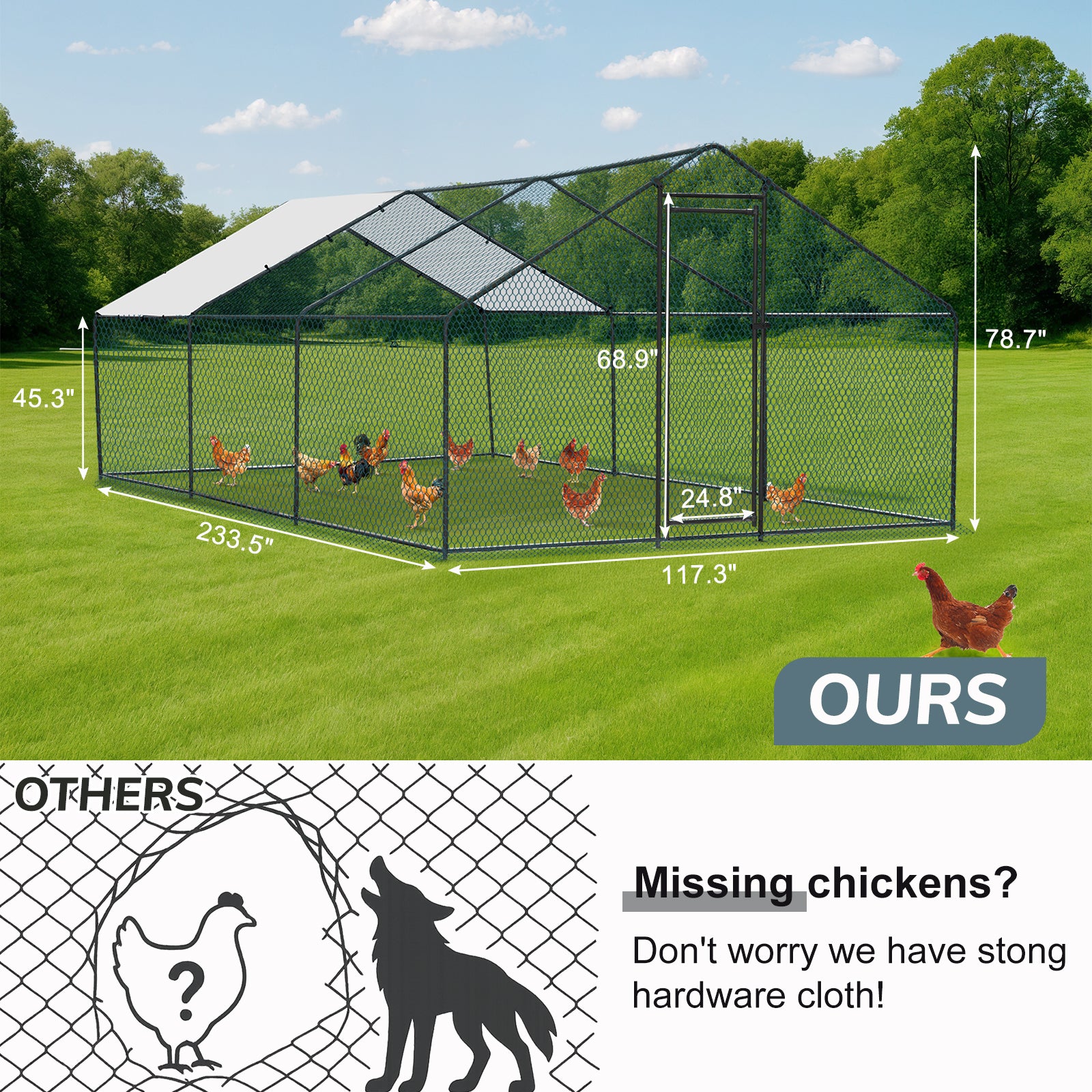 Metal Chicken Coop 6.5/10/13/20 FT Large Walk-in Hen Cage House with Cover Roof