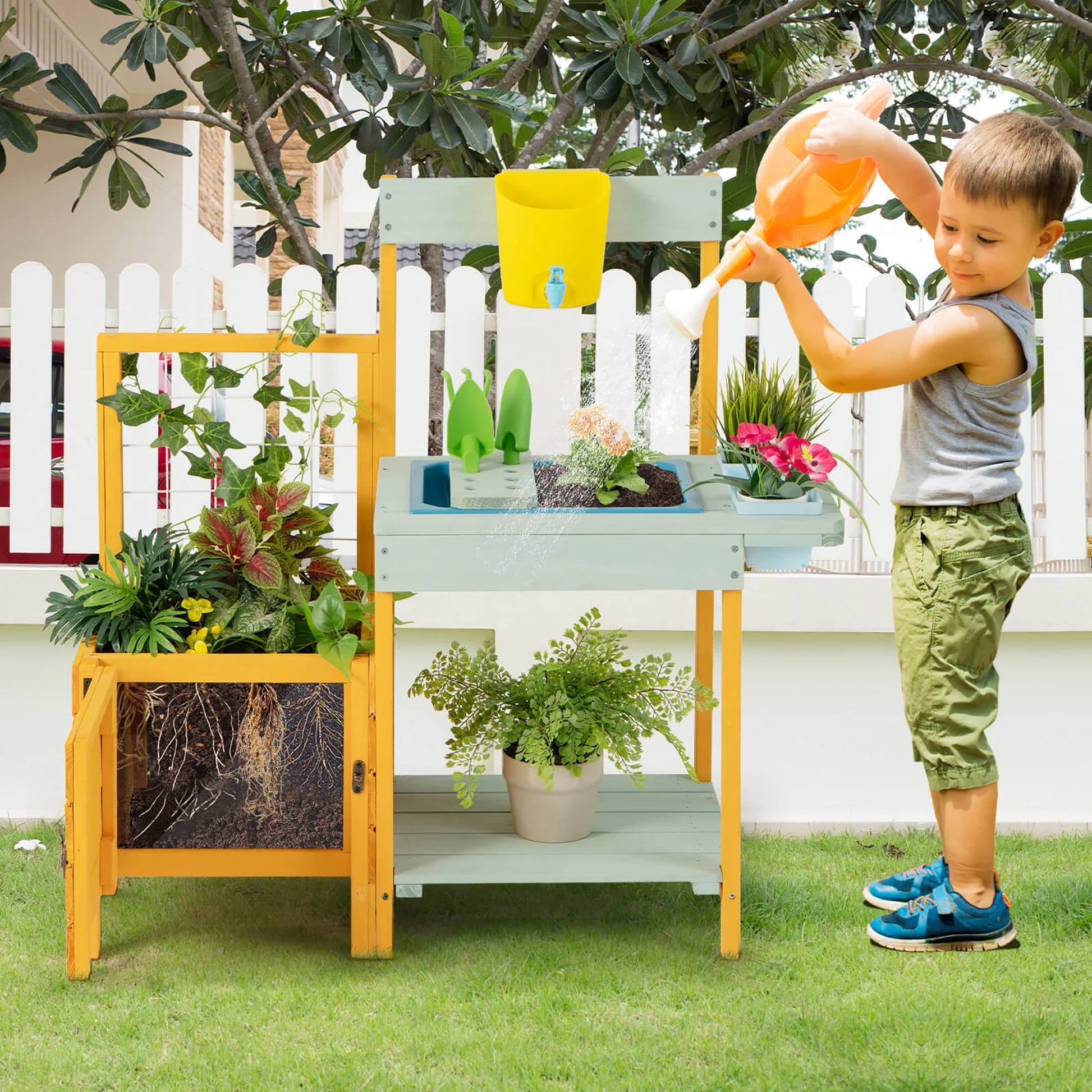 Wooden Potting Bench for Kids w/ See-Through Window Planter Box Garden Trellis