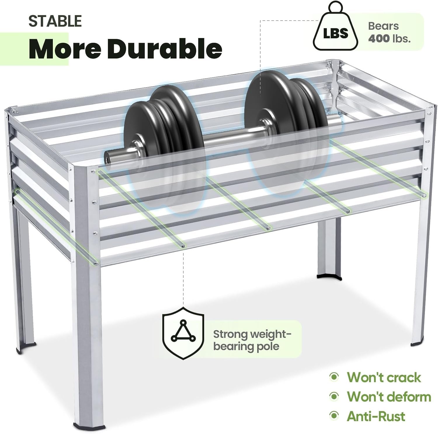 Large Raised Garden Bed with Legs Galvanized Elevated Planter Box 48×24×30 in for Backyard, Patio, Balcony, 400Lb Capacity, Silver
